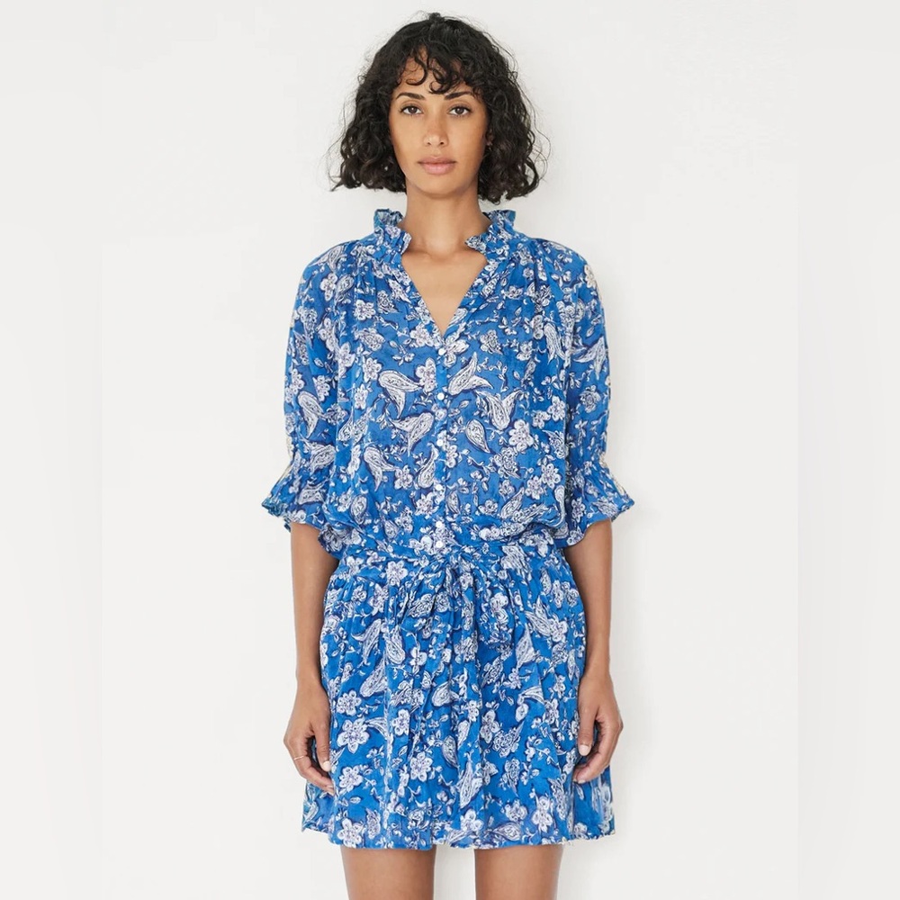 Sundry Perrin Paisley Mini Floral Blue Dress Size 0 XS Ruffle Short Sleeve